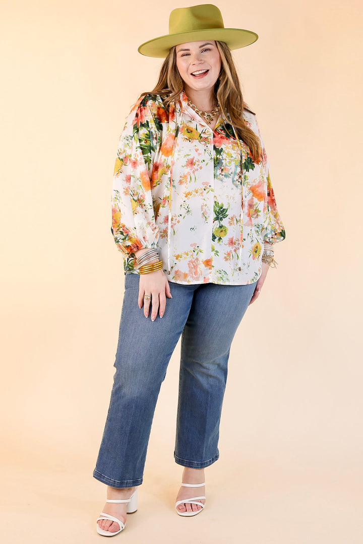 Hampton Hideout Floral Blouse with Keyhole and Tie Neckline in Off White