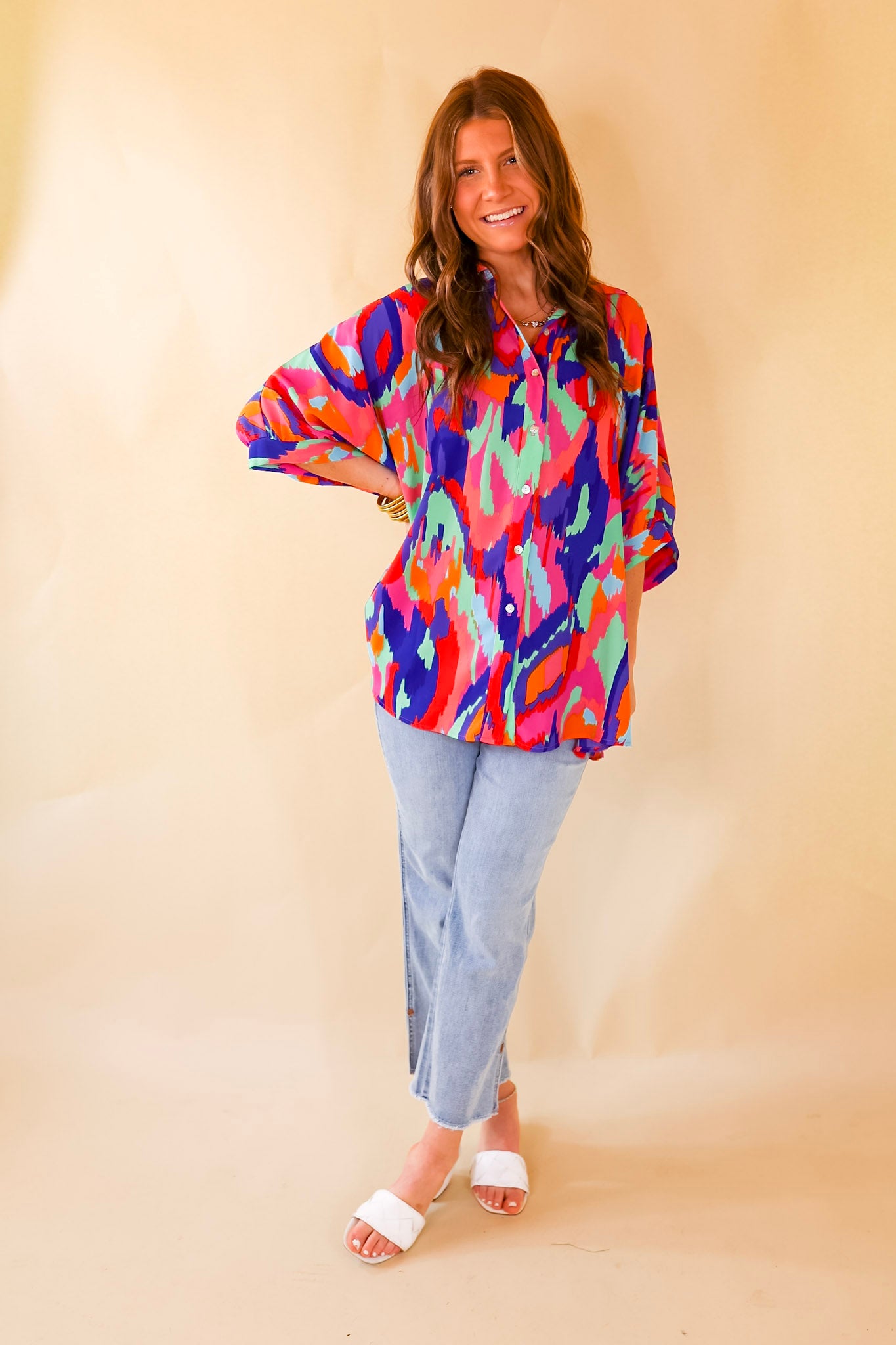 Sophisticated Sweetie Button Up Brush Stroke Print Poncho Top in Blue Mix - Giddy Up Glamour Boutique