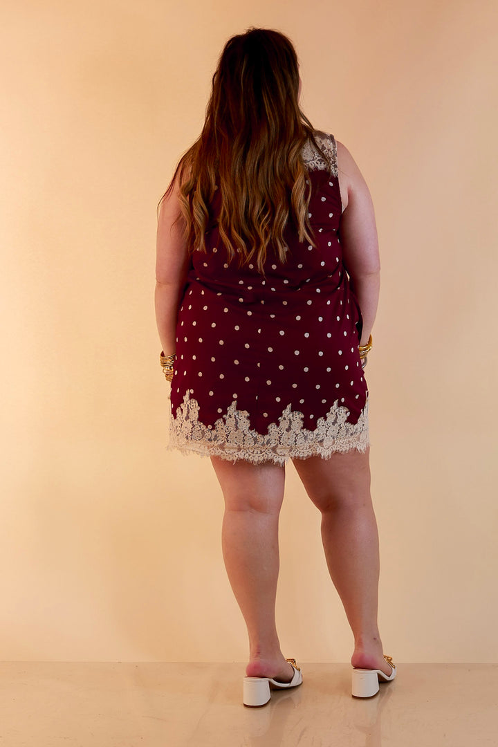 Lovely Little Details Polka Dot Lace Trim Sleeveless Shift Dress in Maroon and Ivory