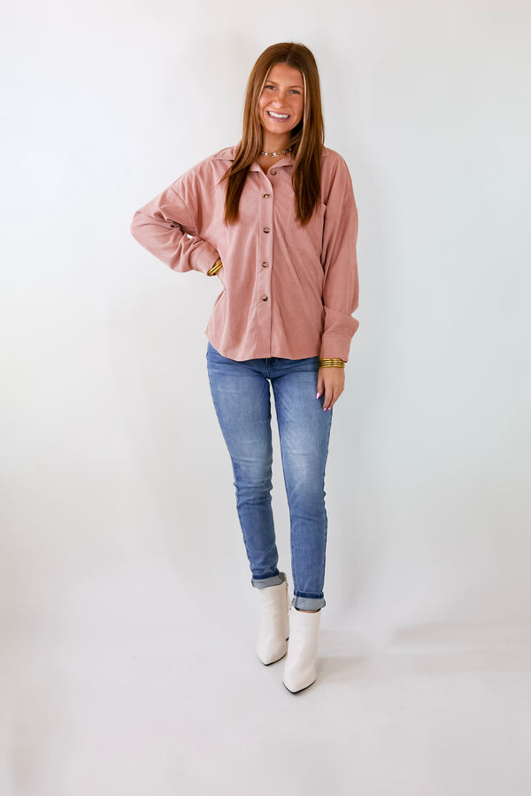 Captivating Cuteness Corduroy Button Up Shacket in Mauve Pink