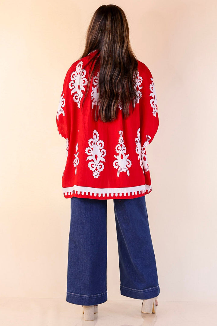 Classic Perfection Damask Print Button Up Collared Blouse in Red