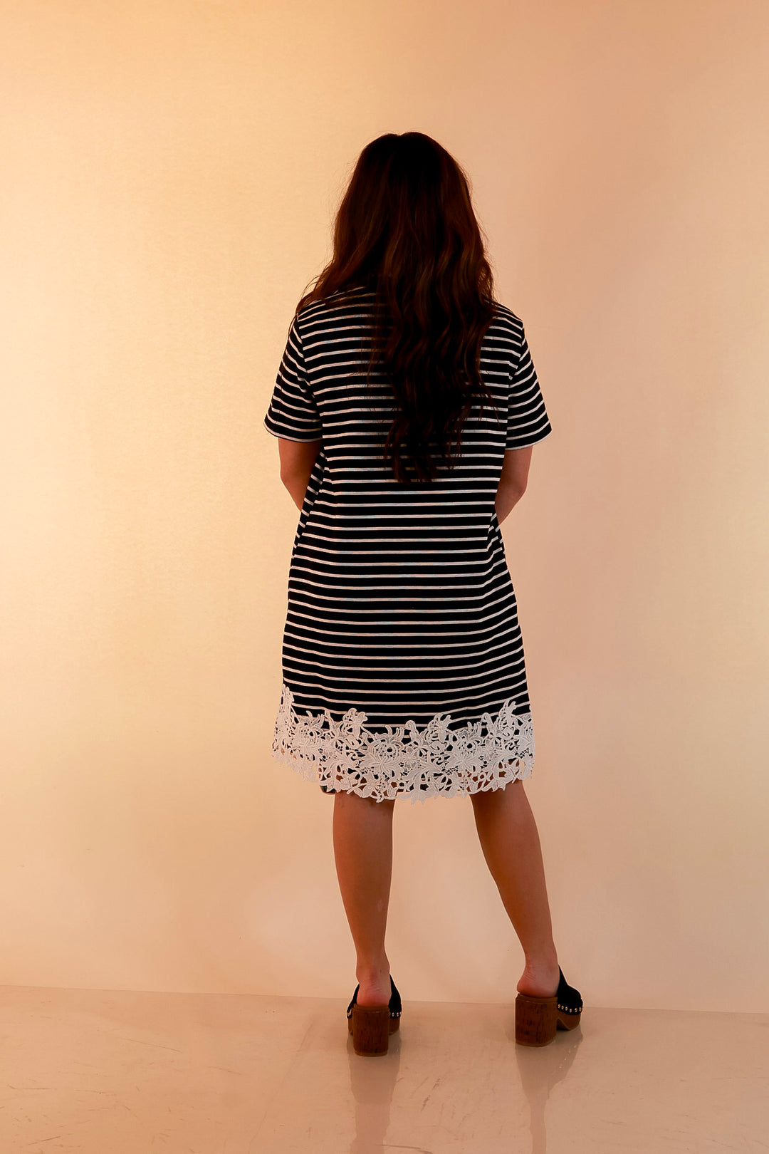 Beyond the Basics Striped Floral Lace Hem T-Shirt Dress in Black and Ivory