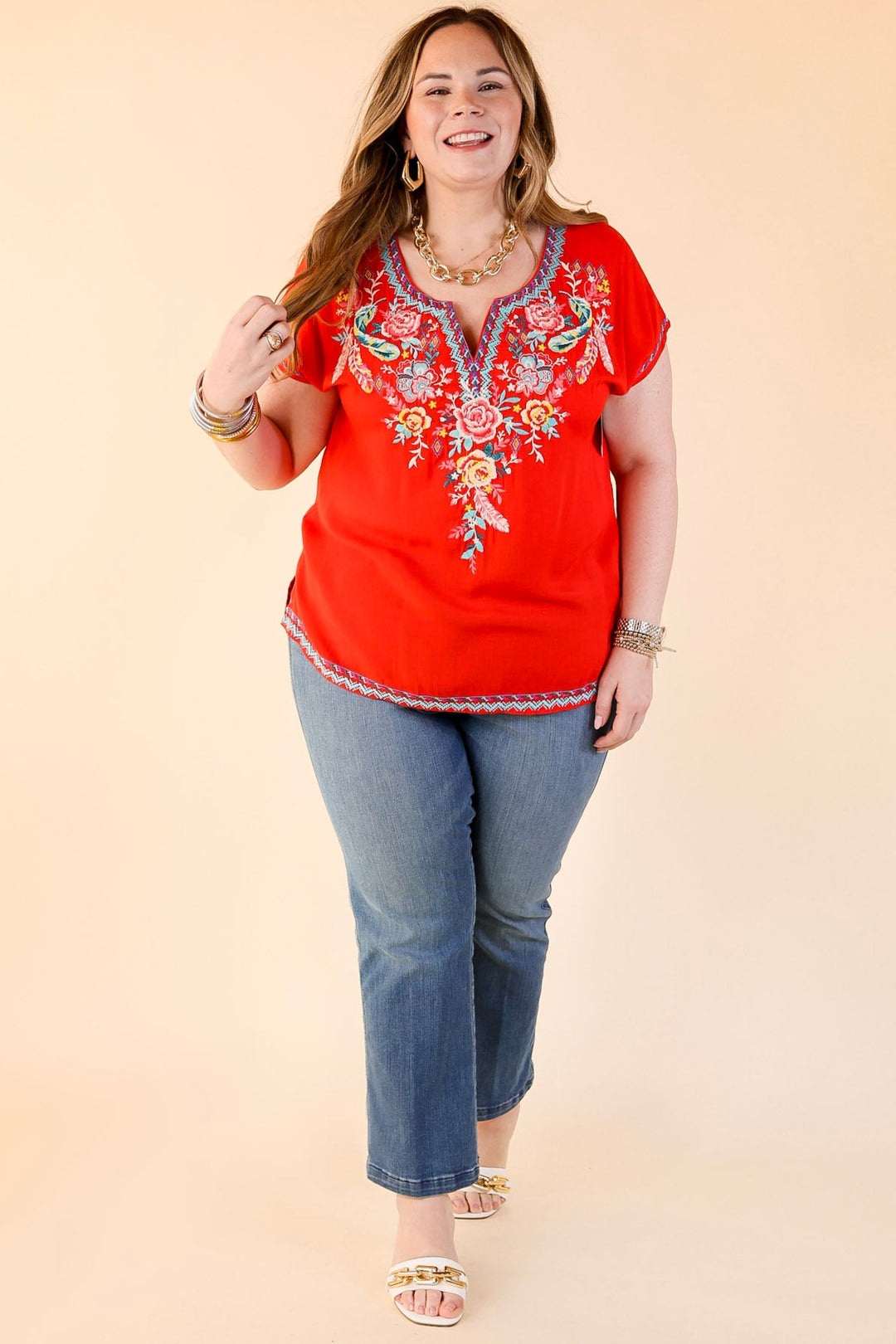 Desert Bloom Embroidered Short Sleeve Top in Red