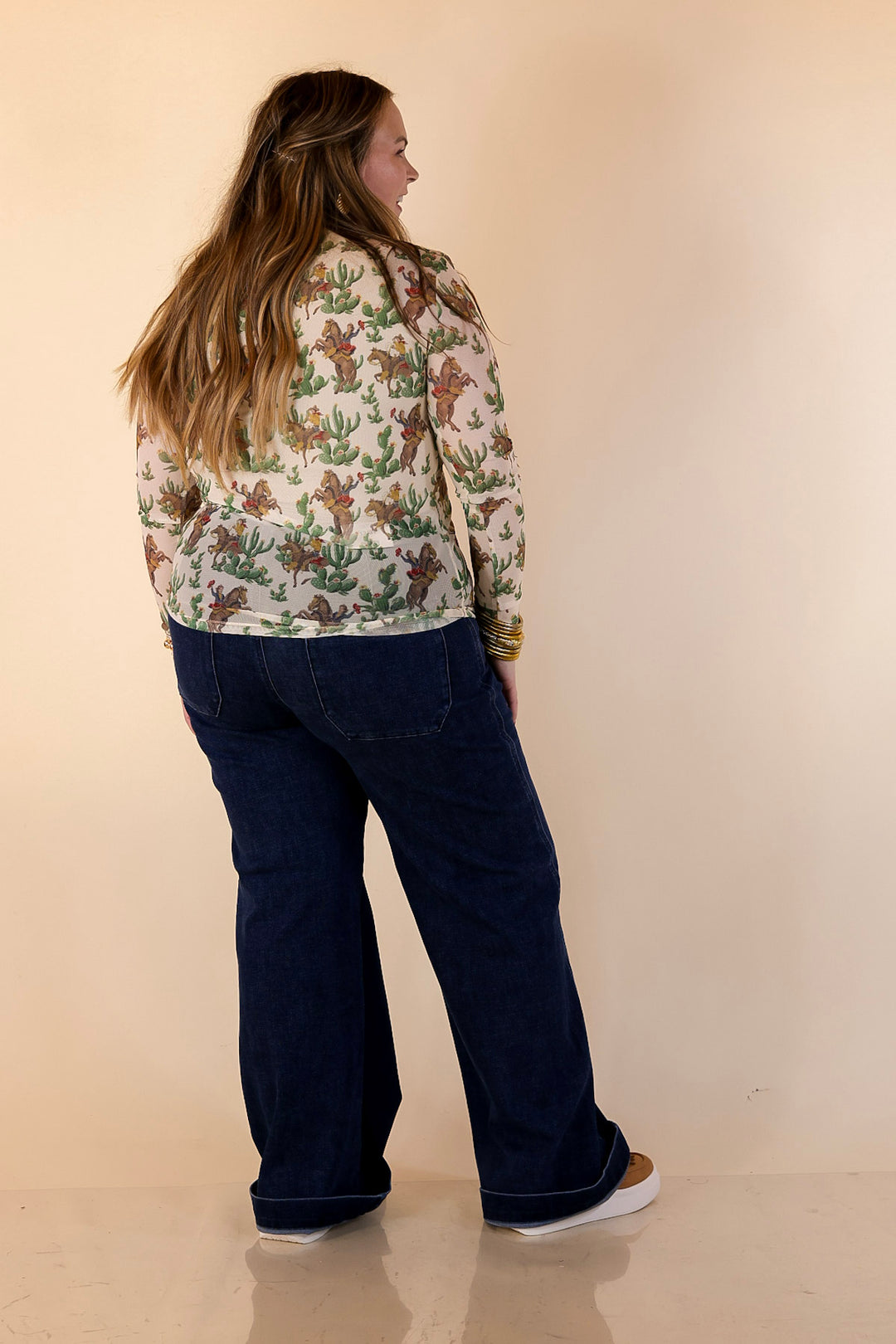 Western Dream Cowboy and Cacti Print Long Sleeve Mesh Top in Ivory