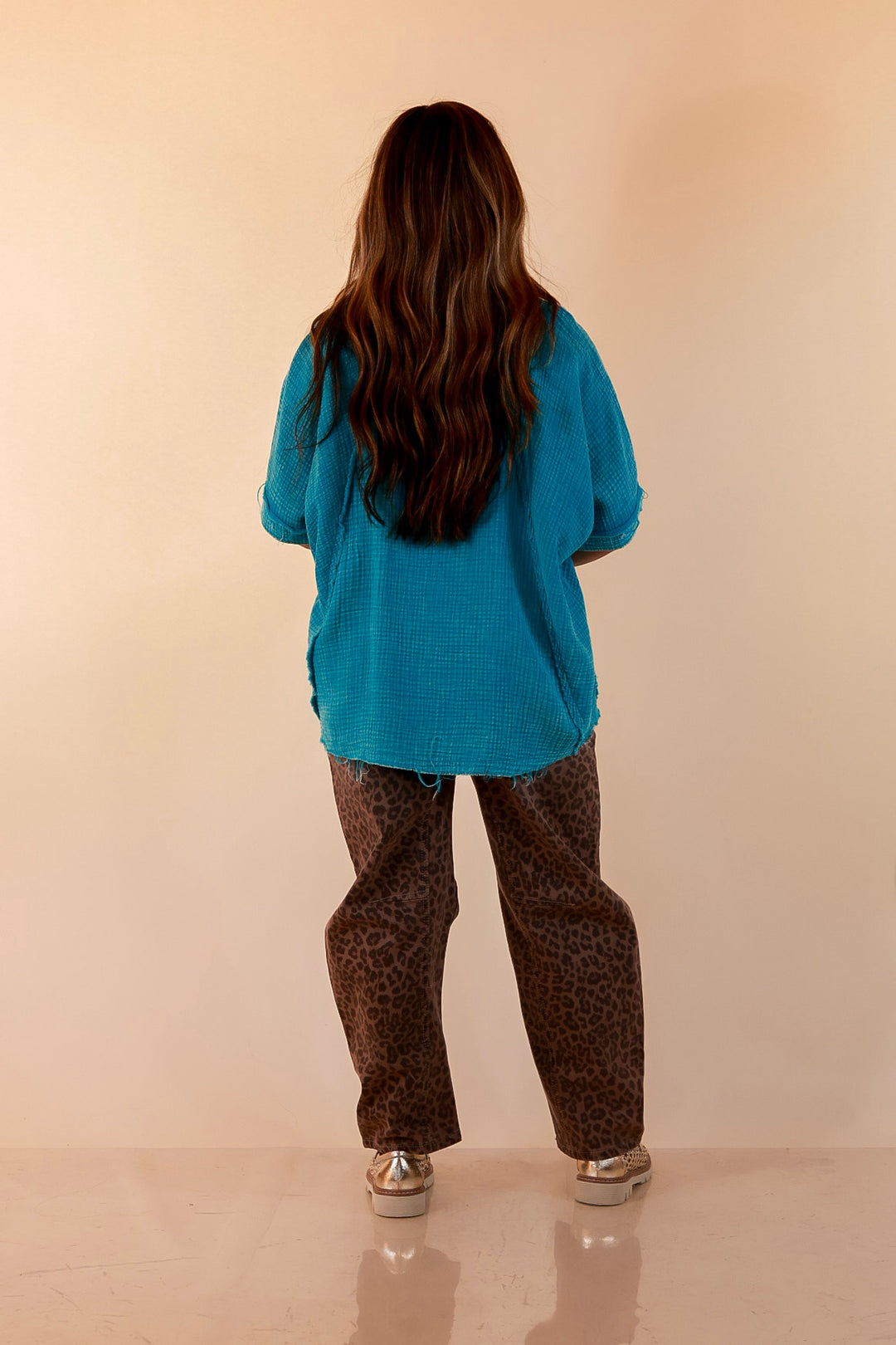 Everyday Ease Short Sleeve Linen Top with Raw Hem Edges in Turquoise Blue