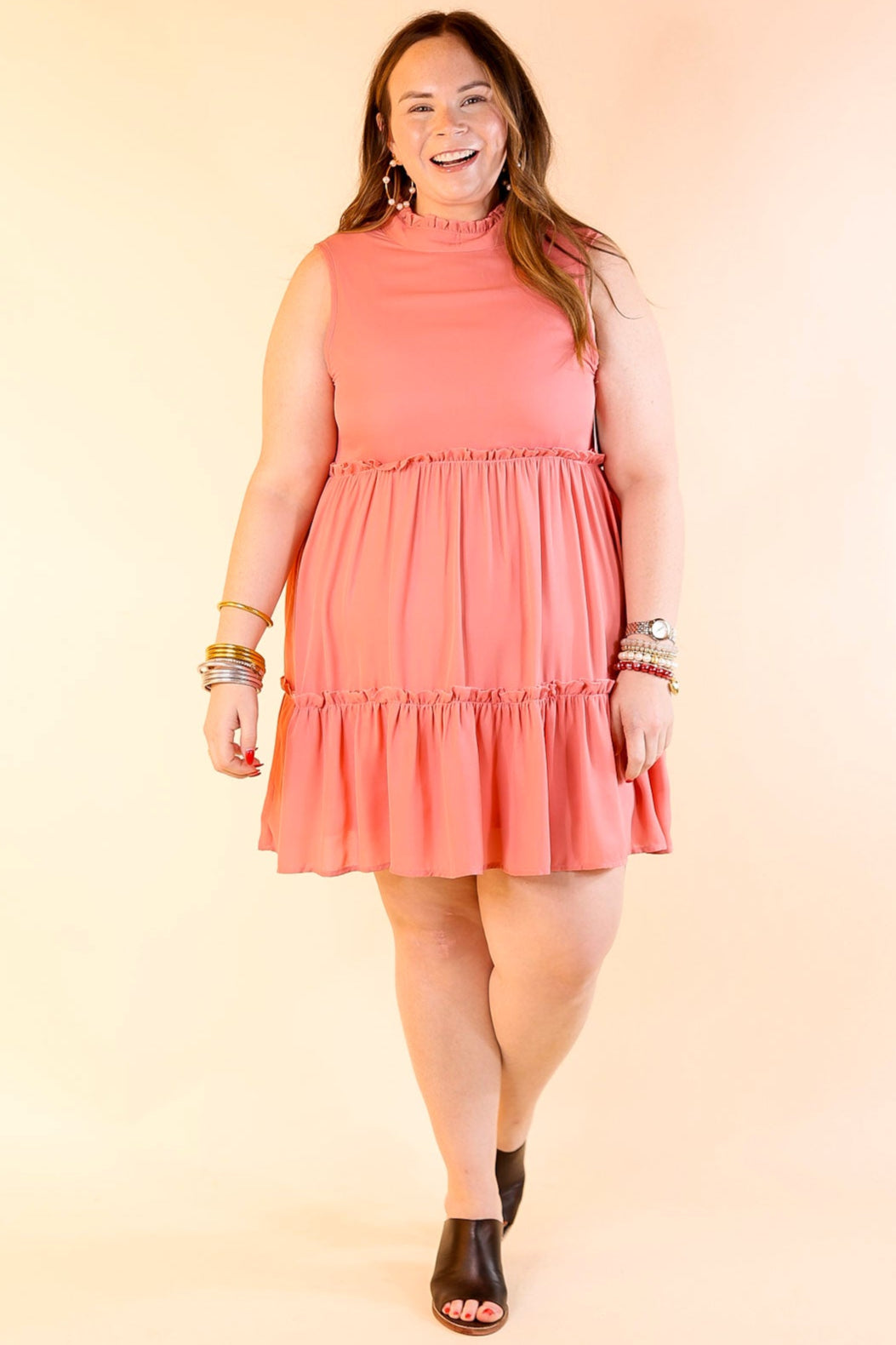Attempt To Charm High Ruffle Neck Tank Dress in Coral Pink