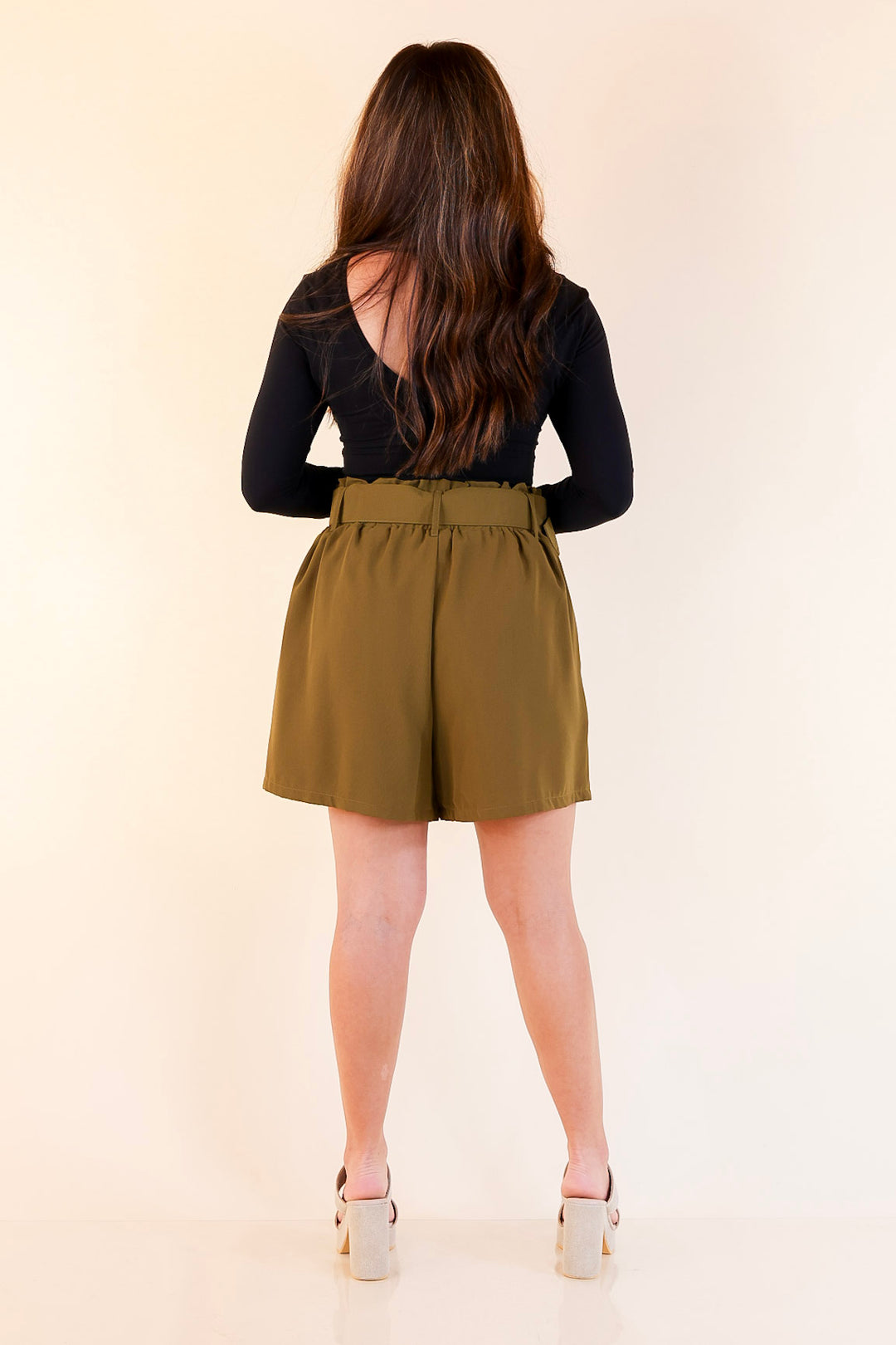 Fine Like Wine Belted Solid Shorts in Olive Green