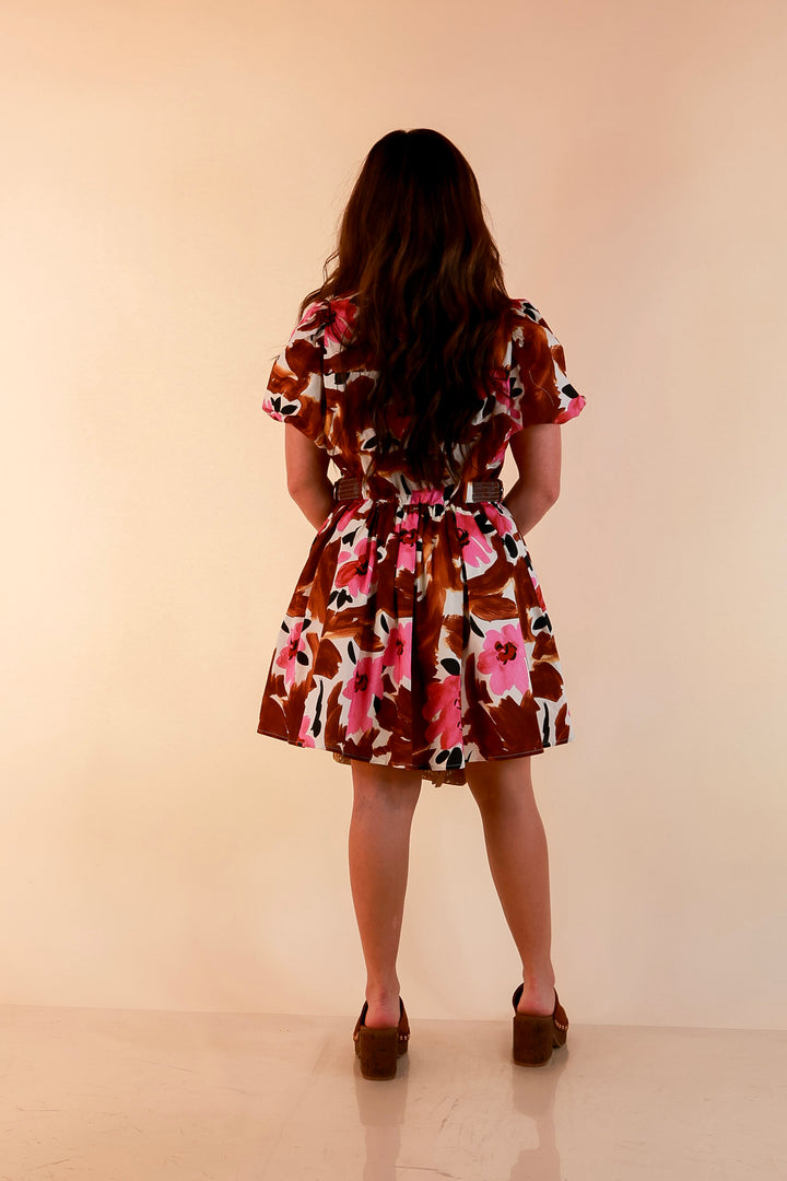 The Art of Style Floral Button Front Puff Sleeve Dress in Pink and Chocolate Brown