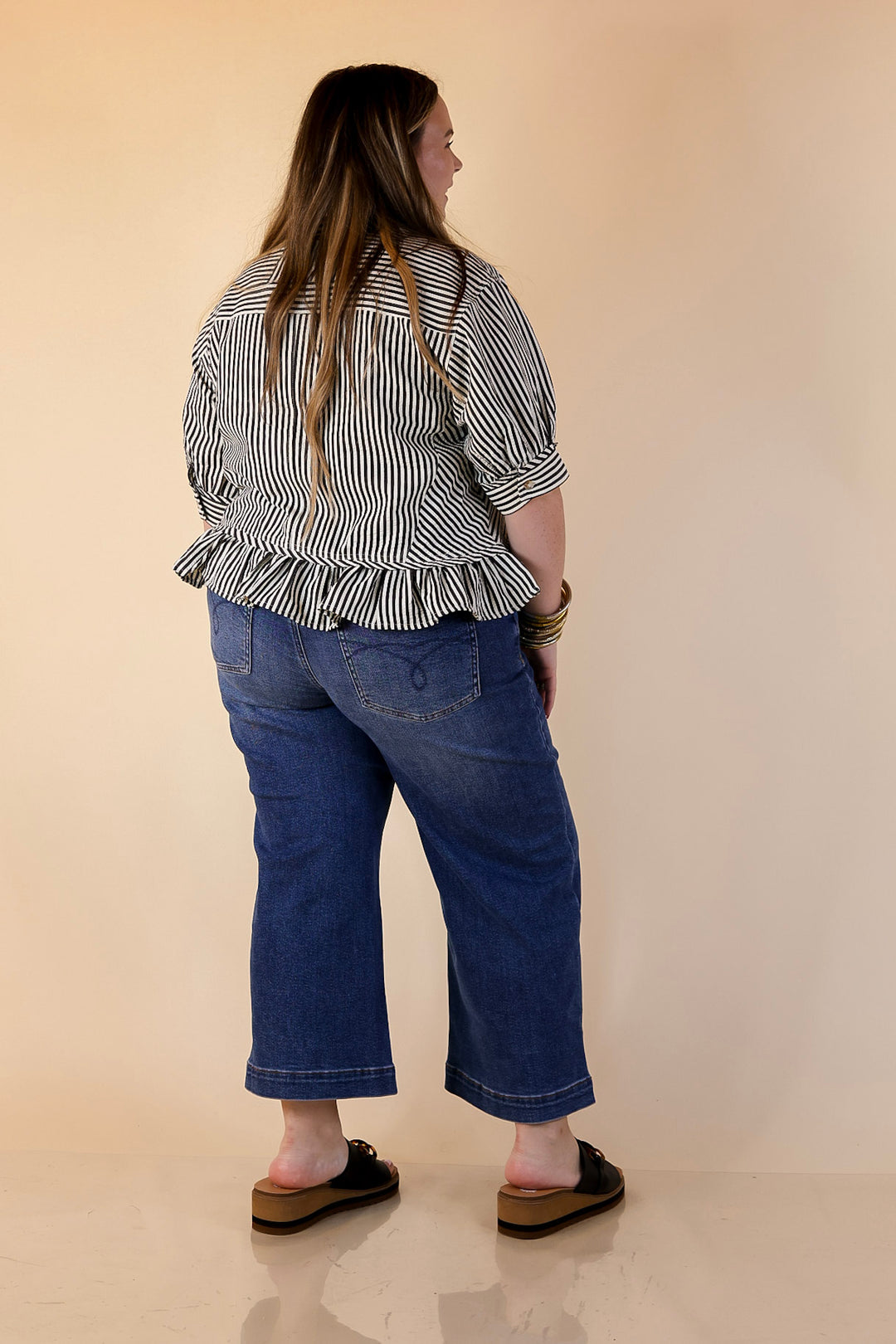 Style Agenda Striped Button Down Collared Top with Ruffle Peplum in Black