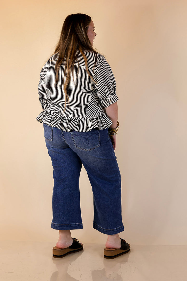 Style Agenda Striped Button Down Collared Top with Ruffle Peplum in Black