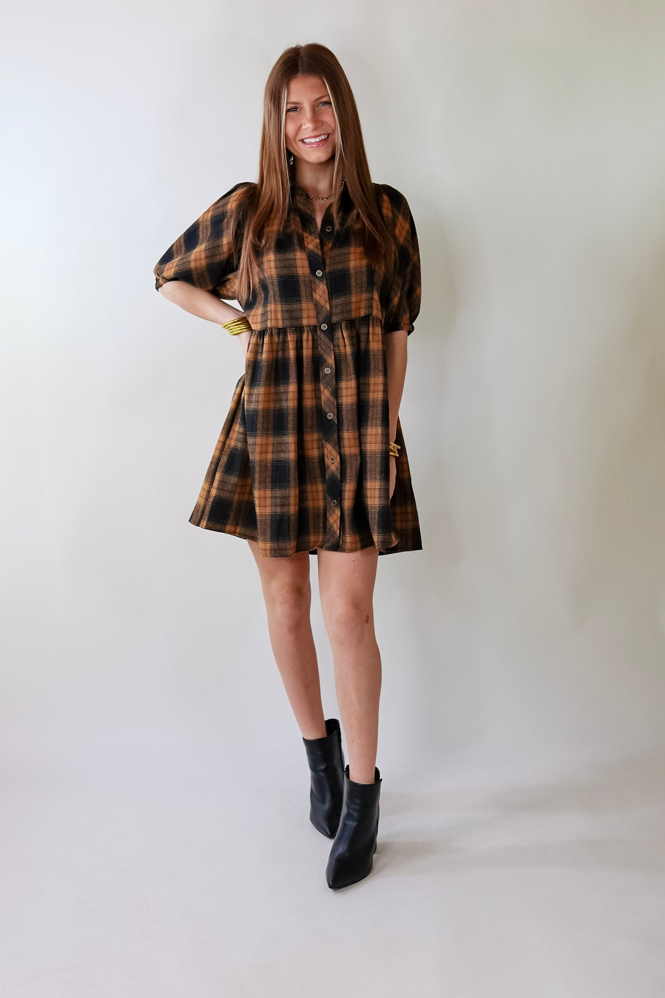 Adventures Ahead Plaid Button Up Babydoll Dress in Camel Brown - Giddy Up Glamour Boutique
