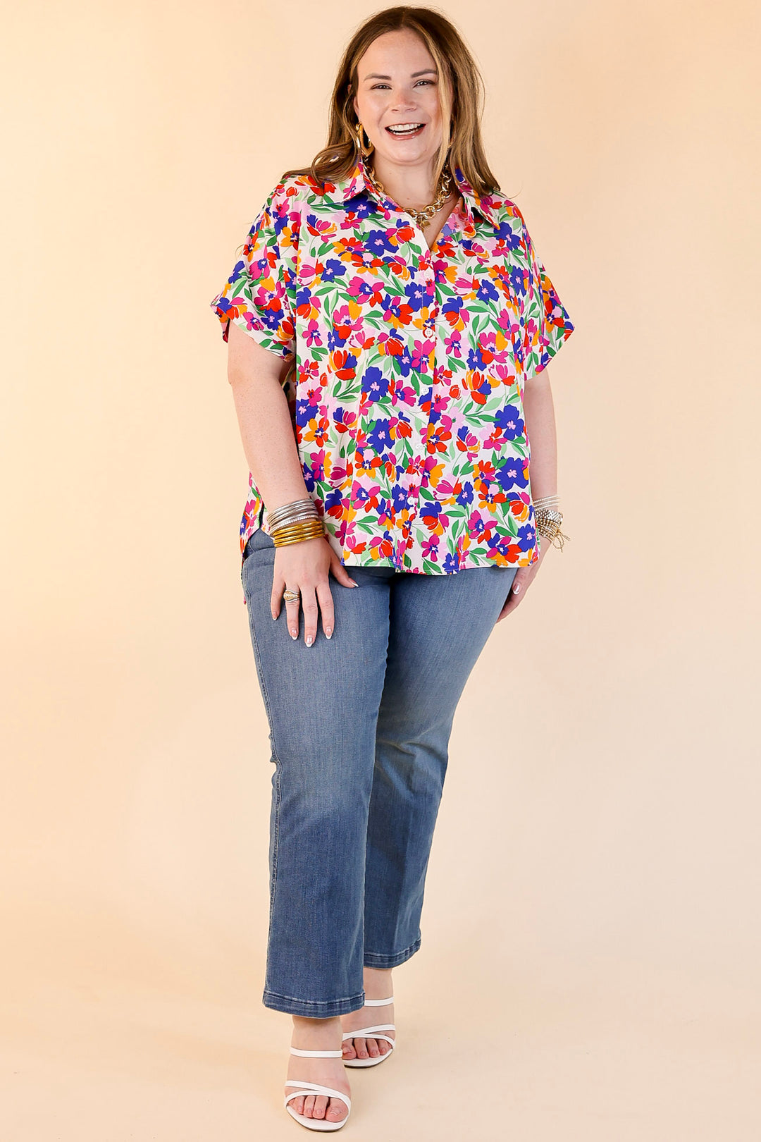 Adventure Awaits Floral Print Button Up Top in Ivory