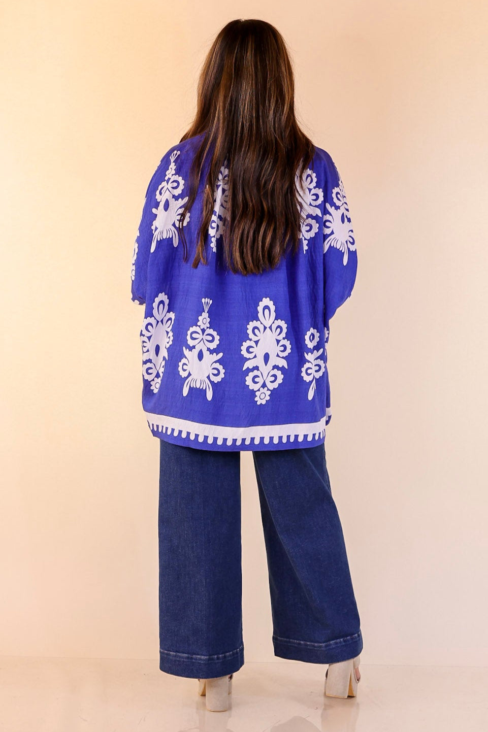 Classic Perfection Damask Print Button Up Collared Blouse in Royal Blue