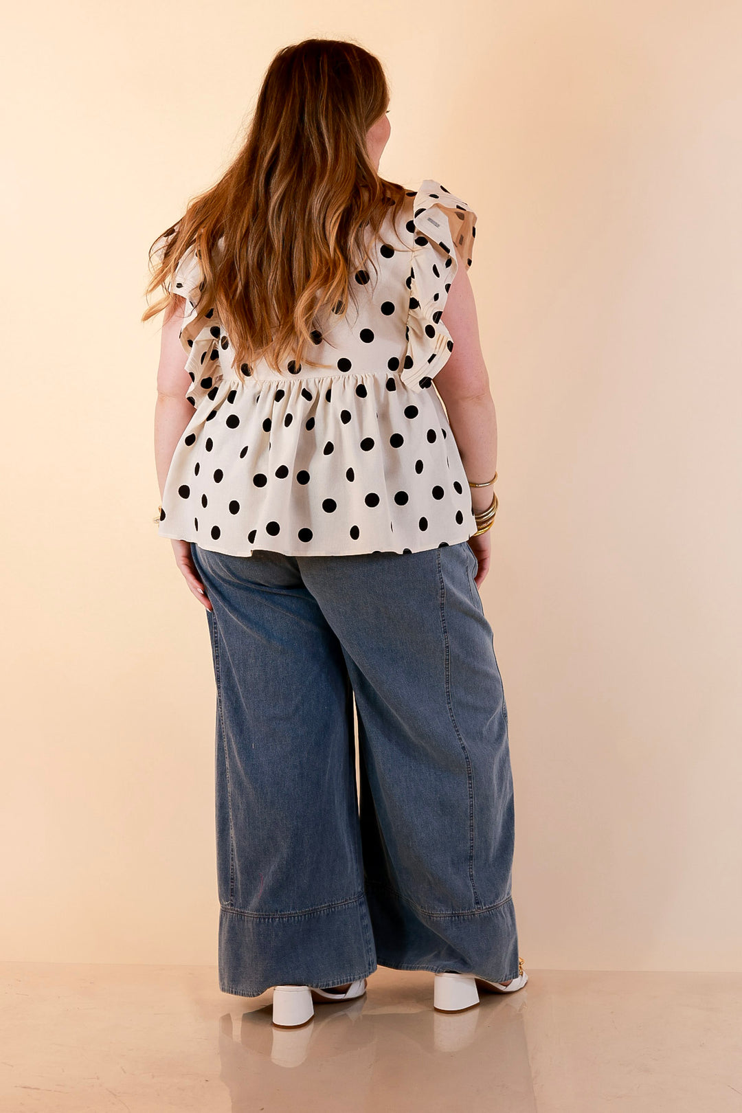 Spot on Style Ruffle Cap Sleeve Button Front Peplum Top with Black Polka Dot Print in Cream