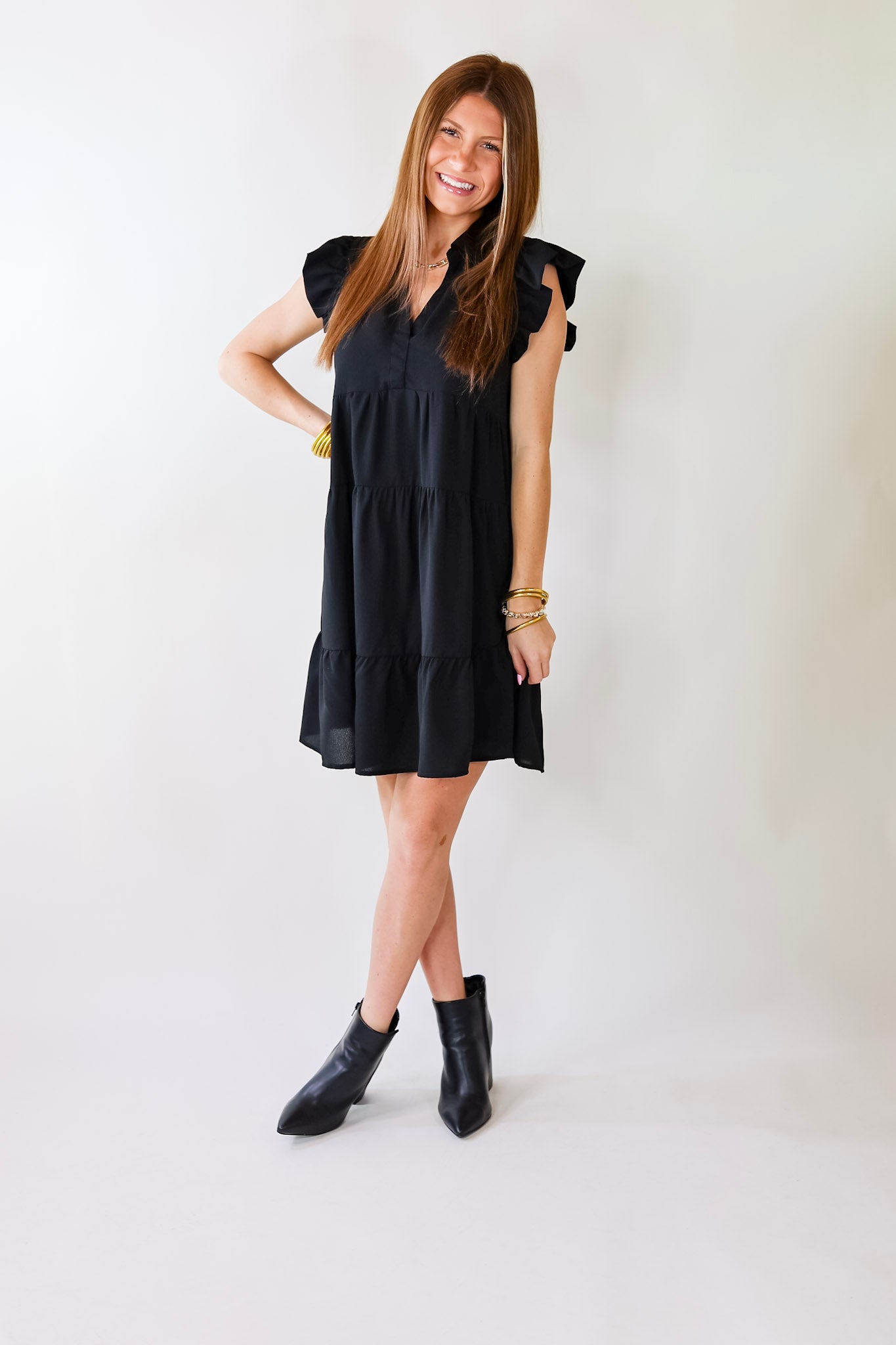 All Of A Sudden Ruffle Cap Sleeve Short Dress in Black - Giddy Up Glamour Boutique