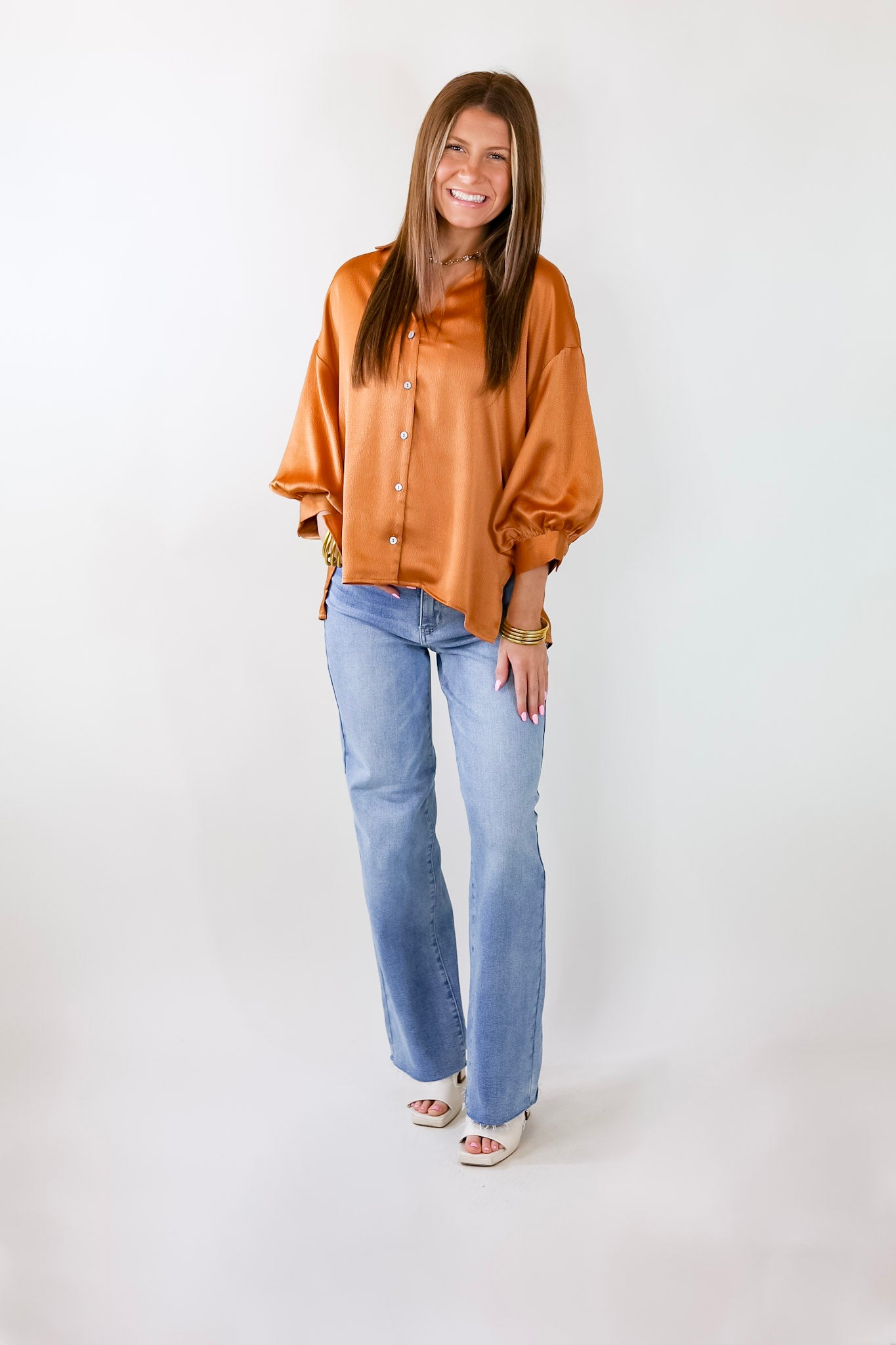 Sweet Notion Button Up 3/4 Balloon Sleeve Top in Pumpkin Orange - Giddy Up Glamour Boutique