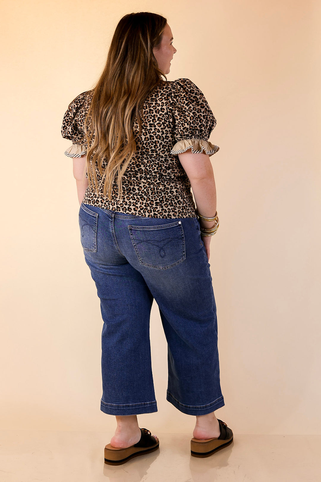 Endless Elegance Ruffled V Neck Leopard Print Top with Stripe Trim in Cream, Brown and Black