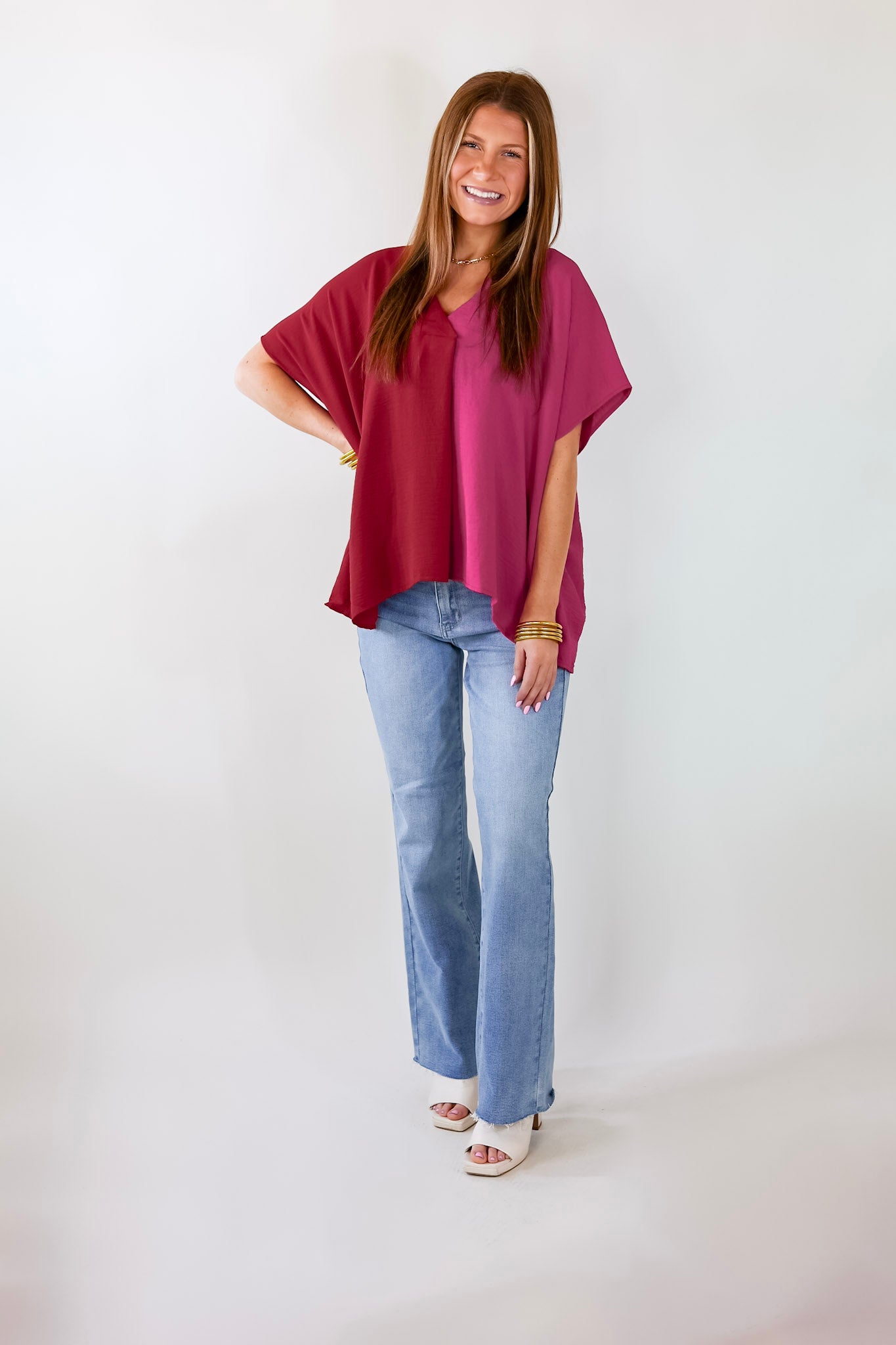 Weekend Out V Neck Placket Color Block Short Sleeve Top in Maroon and Pink