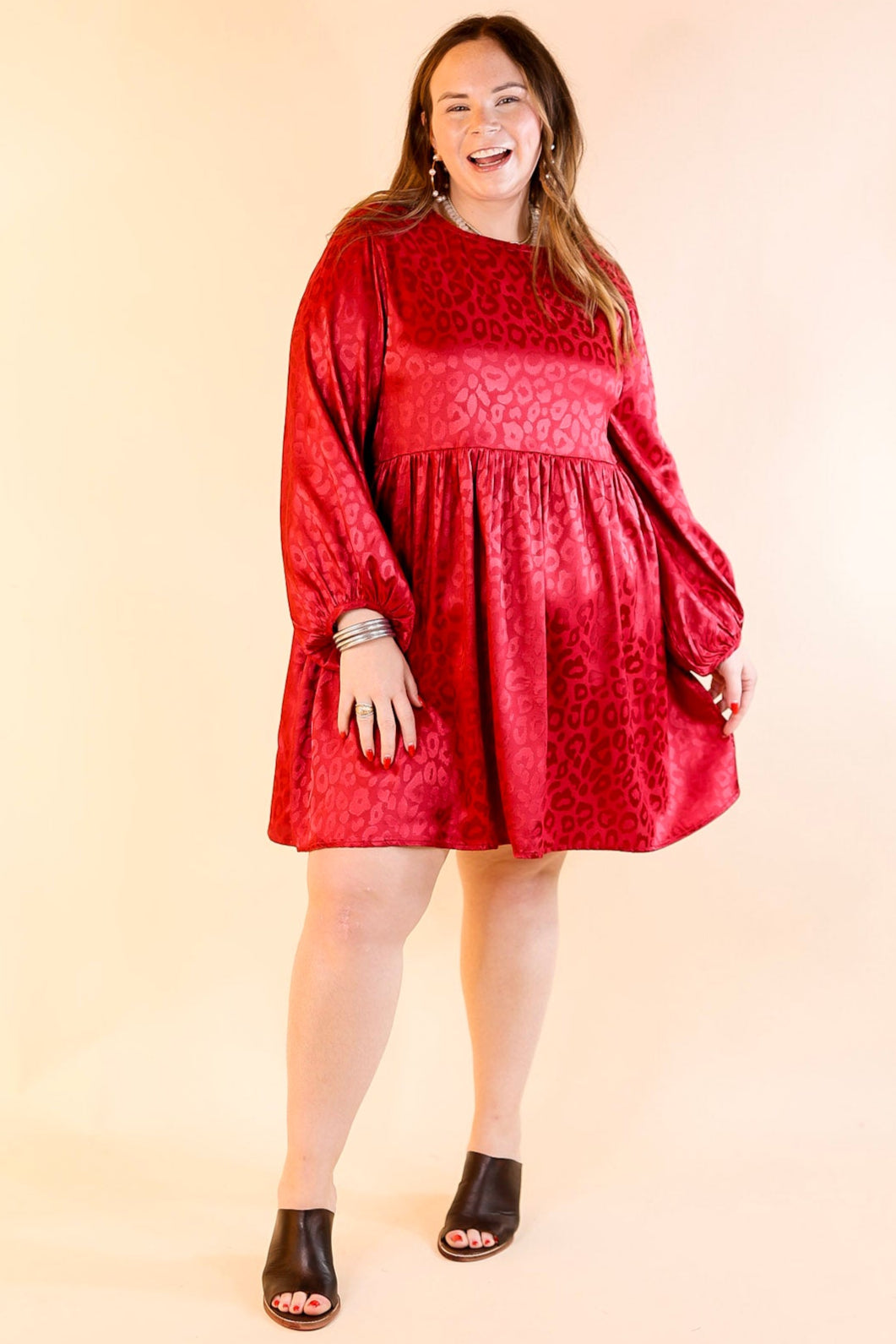 Change Is Coming Leopard Print Babydoll Dress with Long Sleeves in Dark Red