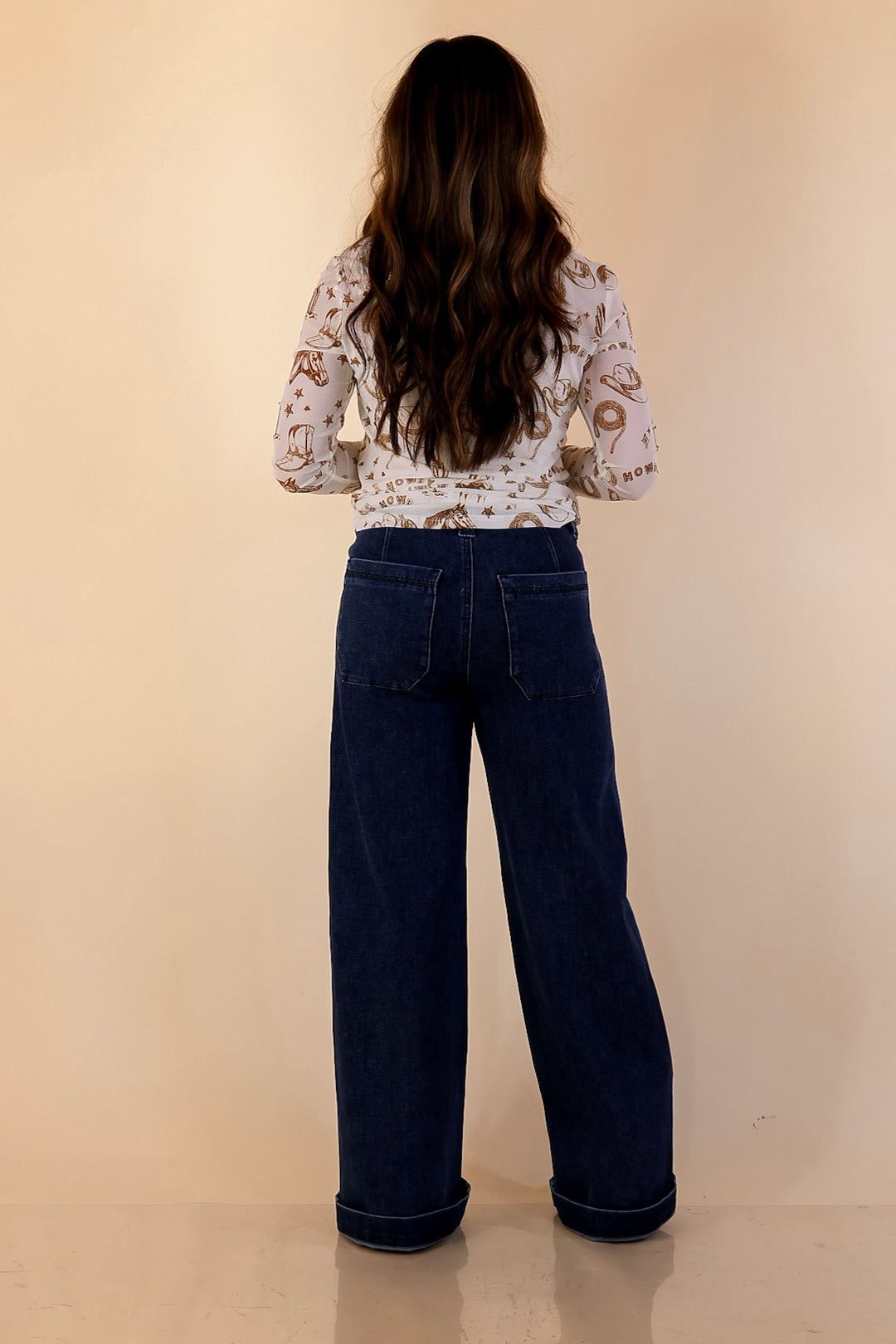 Western Dream Brown Western Icon Print Mesh Long Sleeve Top in Ivory