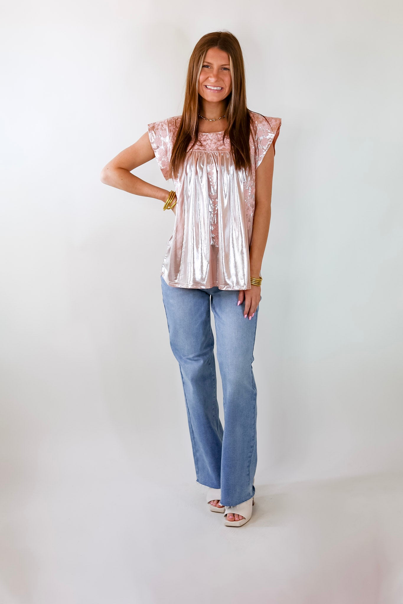 The Thrill Of It Floral Embroidered Metallic Top in Blush Pink - Giddy Up Glamour Boutique