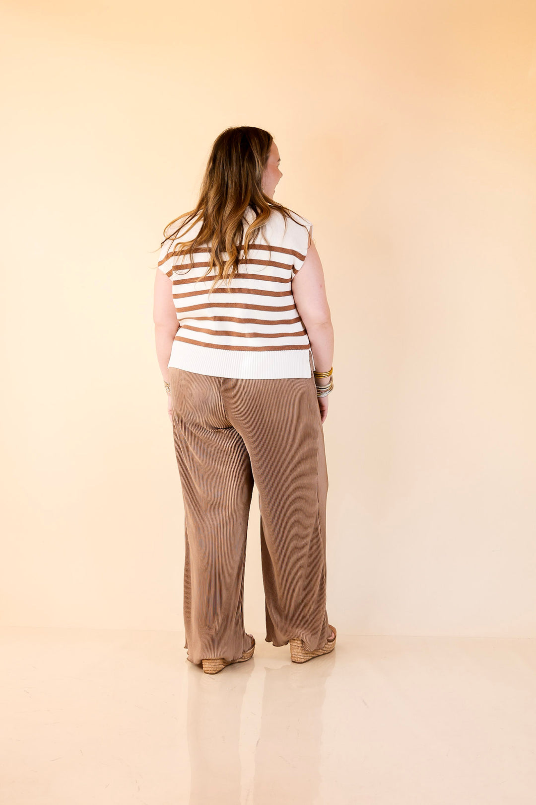 Stripe Things Up Drop Shoulder Knit Sweater in White with Tan Stripes