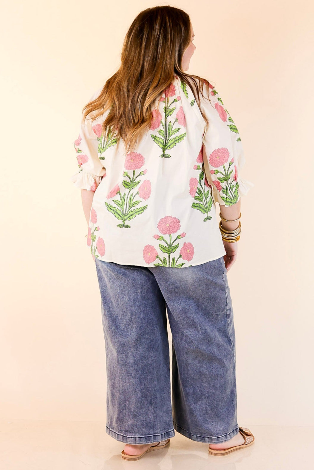Polished in Petals Floral Print Blouse with Ruffle Sleeves in Cream