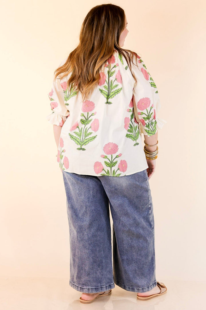 Polished in Petals Floral Print Blouse with Ruffle Sleeves in Cream