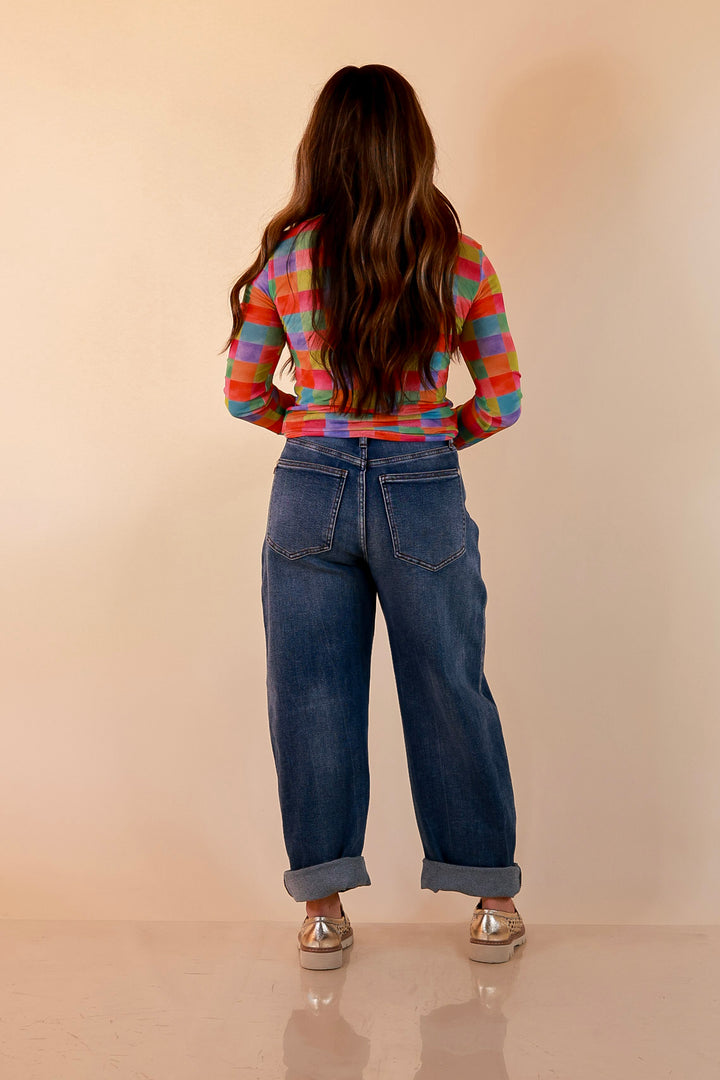 The Essential Layer Watercolor Checkered Print Sheer Mesh Long Sleeve Top in Multicolor
