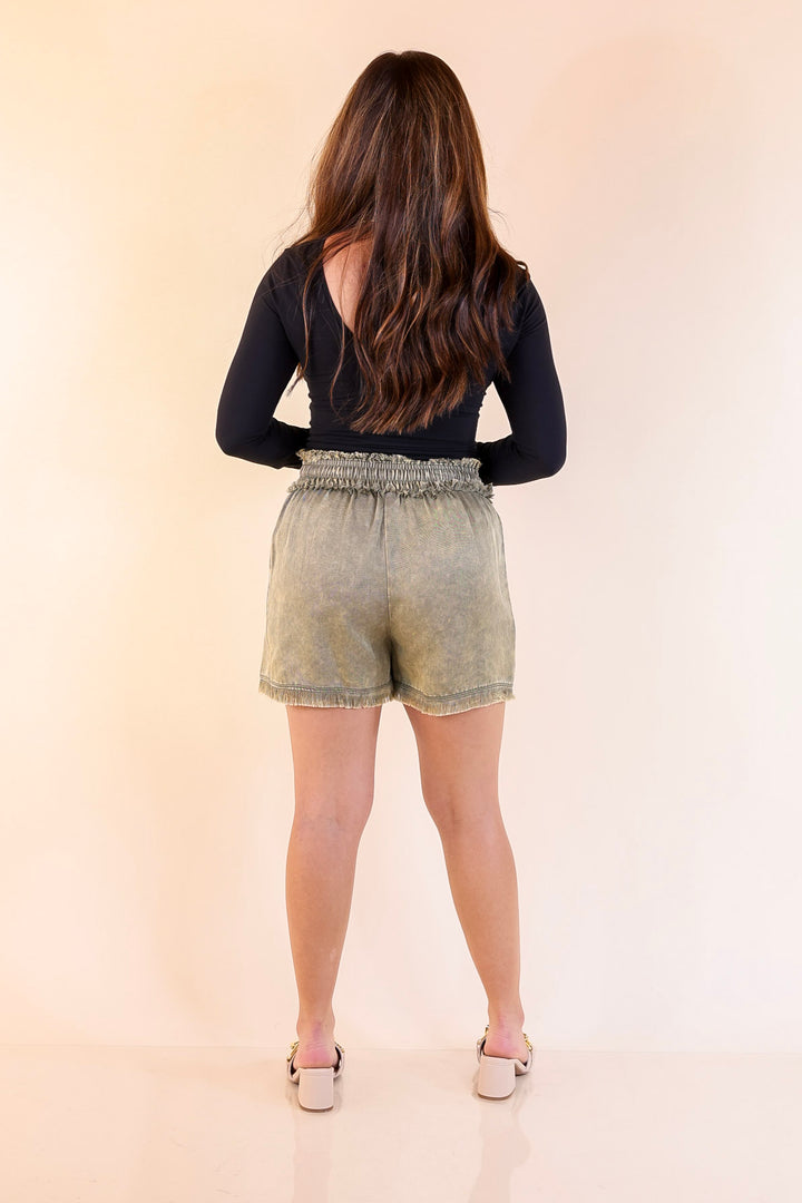 Take it Easy Mineral Wash Drawstring Shorts with Fray Hem in Olive Green