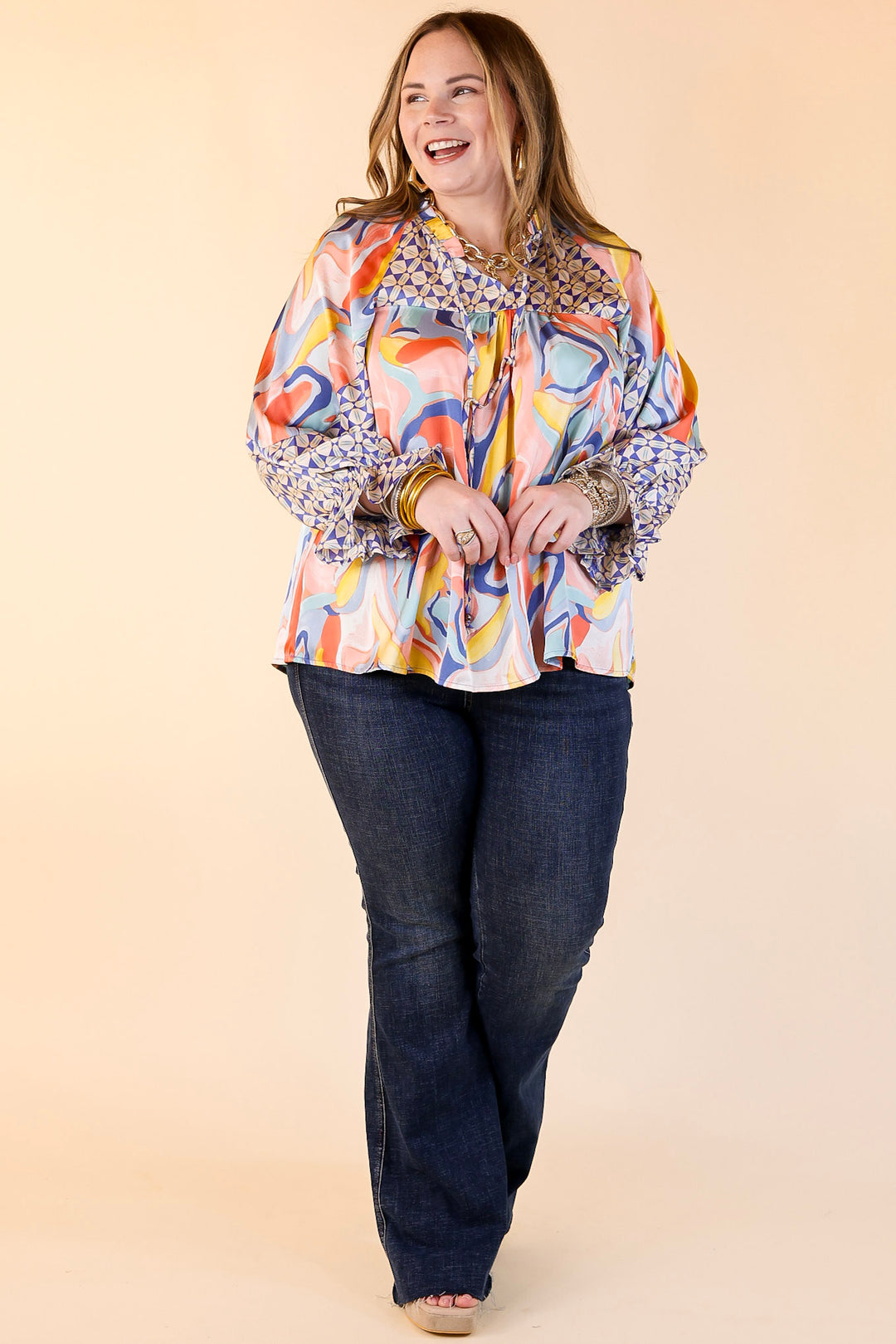 Keen On You Mix Print Blouse with Keyhole and Tie Neckline in Blue Mix