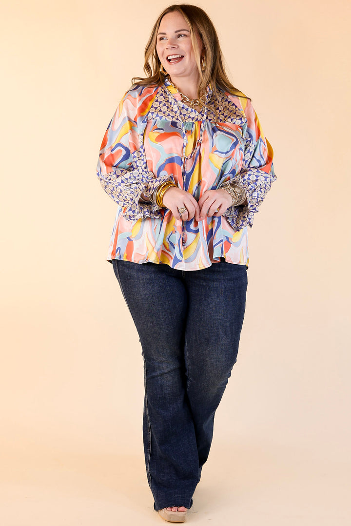 Keen On You Mix Print Blouse with Keyhole and Tie Neckline in Blue Mix