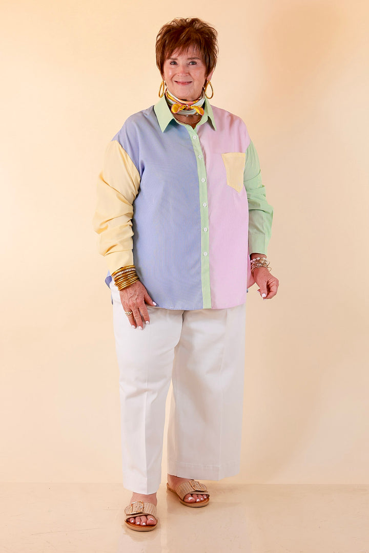 GUG Original | Sweet Harmony Long Sleeve Button Down Color Block Pinstripe Shirt in Bright Mix