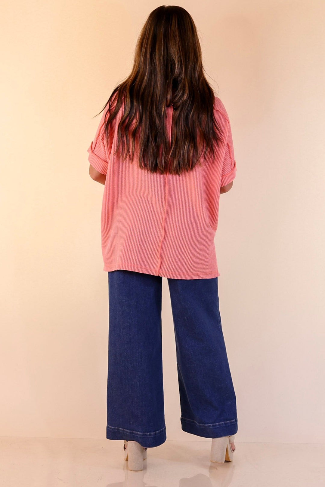 Daily Perfection Scoop Neck Short Sleeve Ribbed Top in Salmon Orange