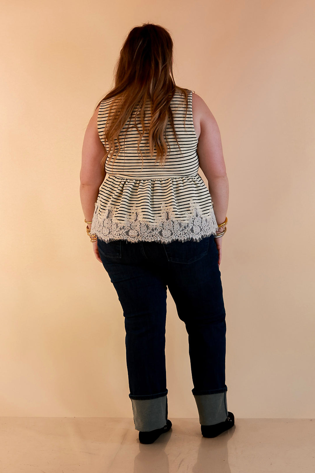 Sweet on Style Striped Peplum Sleeveless Tank Top with Lace Trim Detailing in Ivory and Black