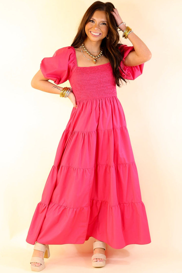 Santorini Sunshine Short Balloon Sleeve Maxi Dress in Fuchsia Pink