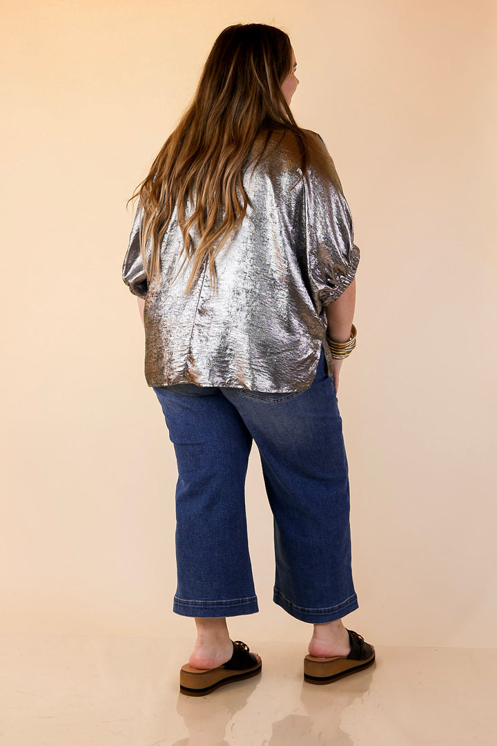 Naturally Stylish Shimmer Metallic Poncho Top in Silver