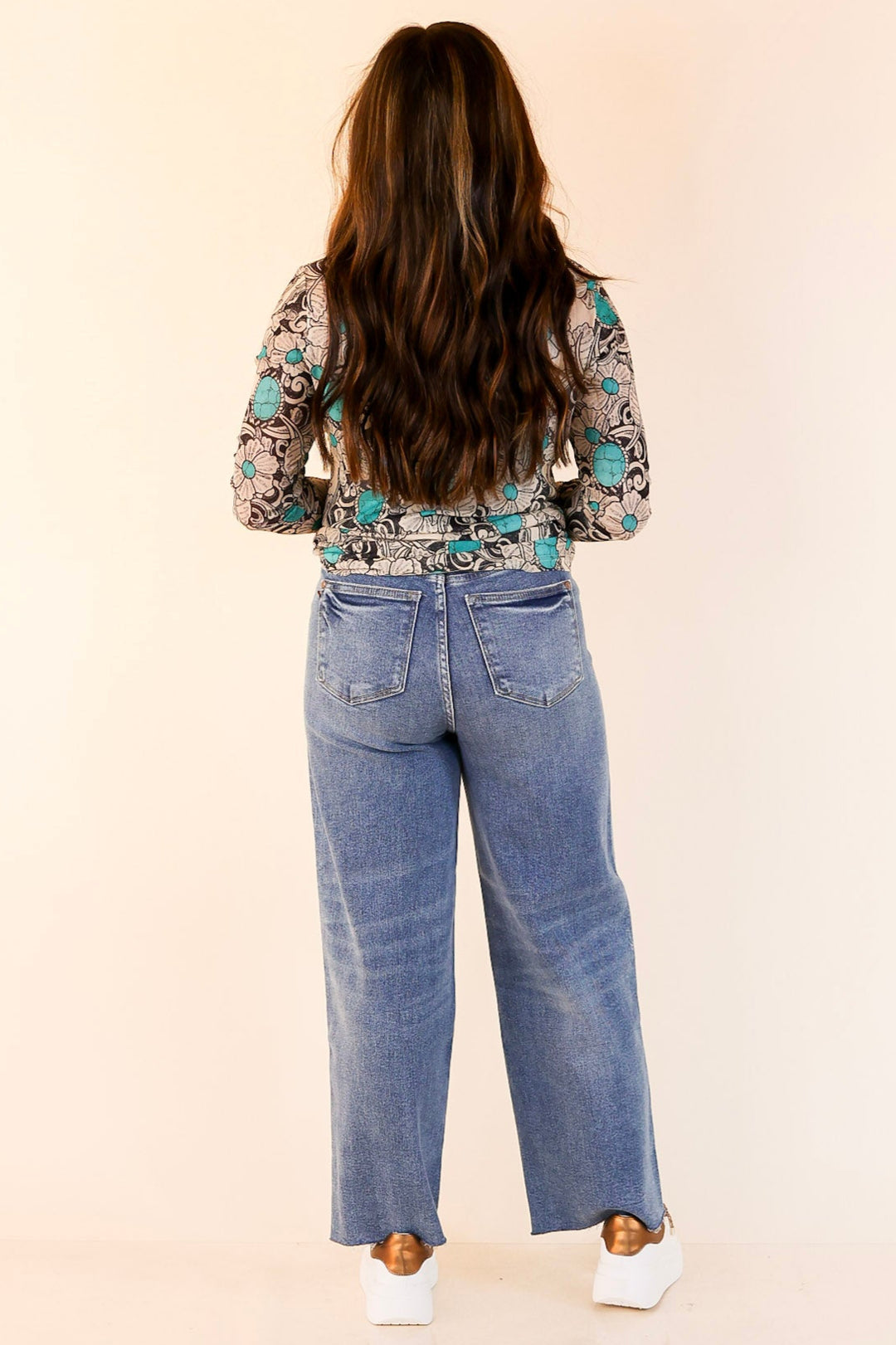 Twisted Turquoise Leather Tooling and Turquoise Stone Mesh Top in Cream