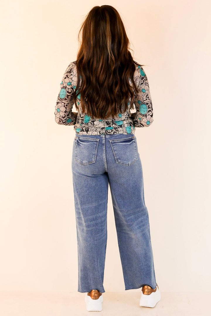 Twisted Turquoise Leather Tooling and Turquoise Stone Mesh Top in Cream