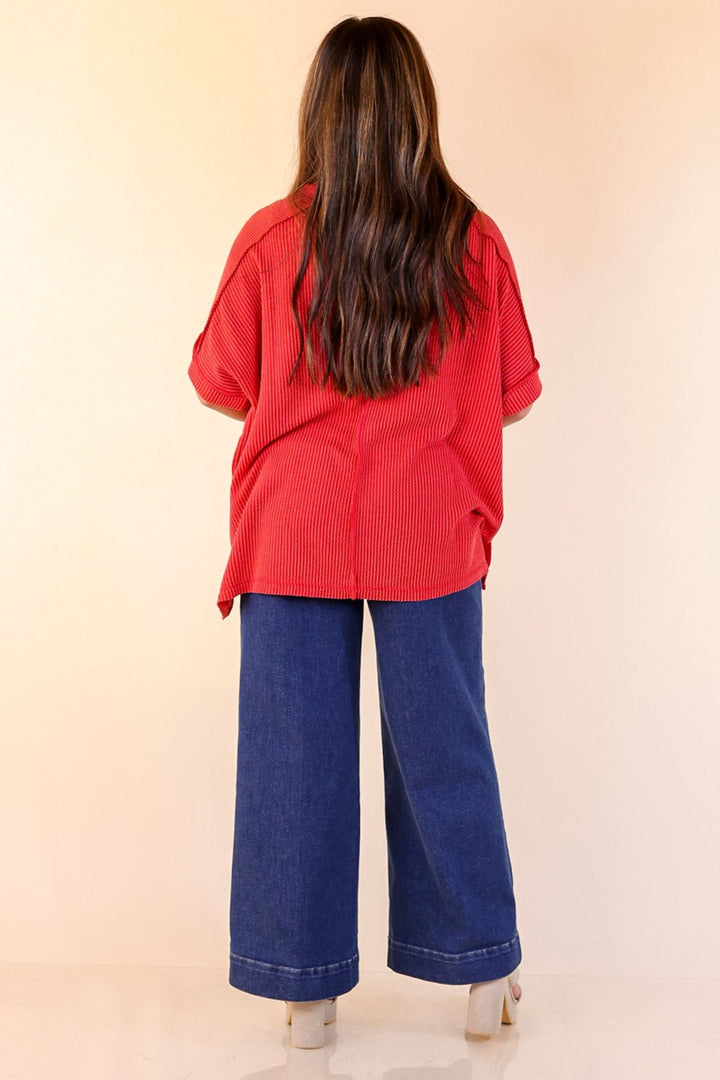 Daily Perfection Scoop Neck Short Sleeve Ribbed Top in Red