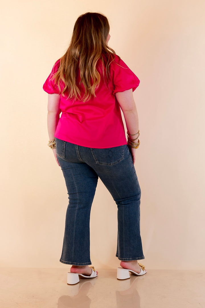 Make It Memorable Short Puff Sleeve Tie Neck Blouse with Gathered Neckline in Fuchsia Pink