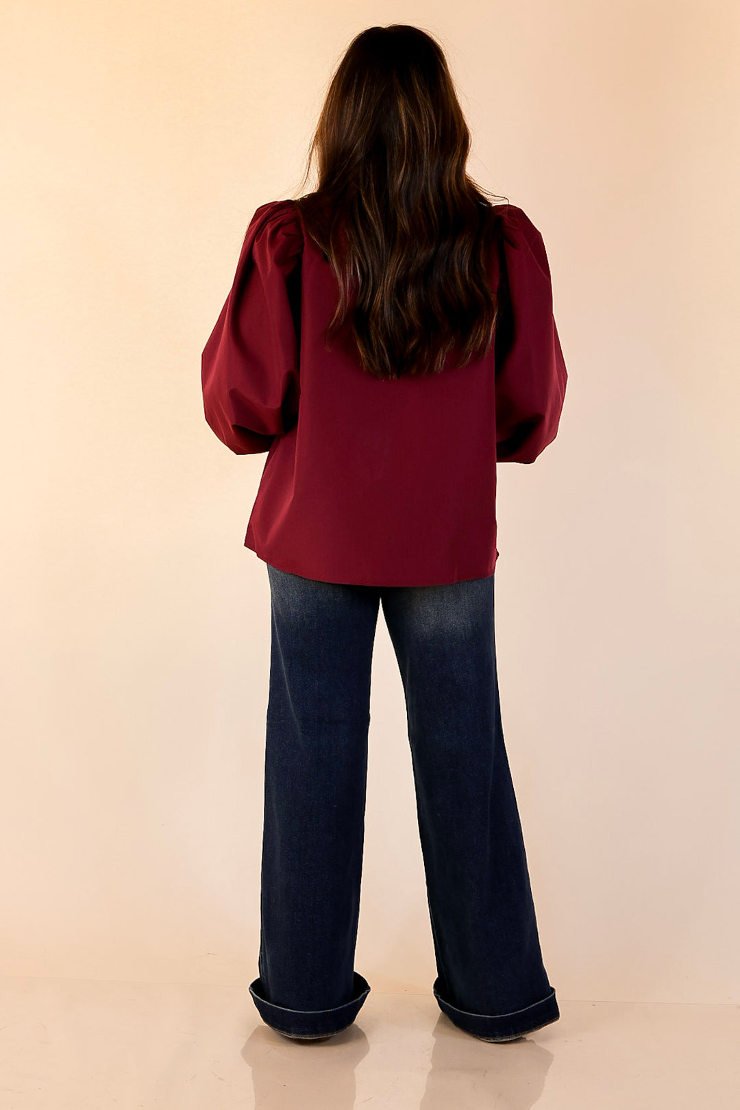 Trimmed in Style Puff Long Sleeve Blouse with Contrast Leopard Trim and Ruffle in Maroon