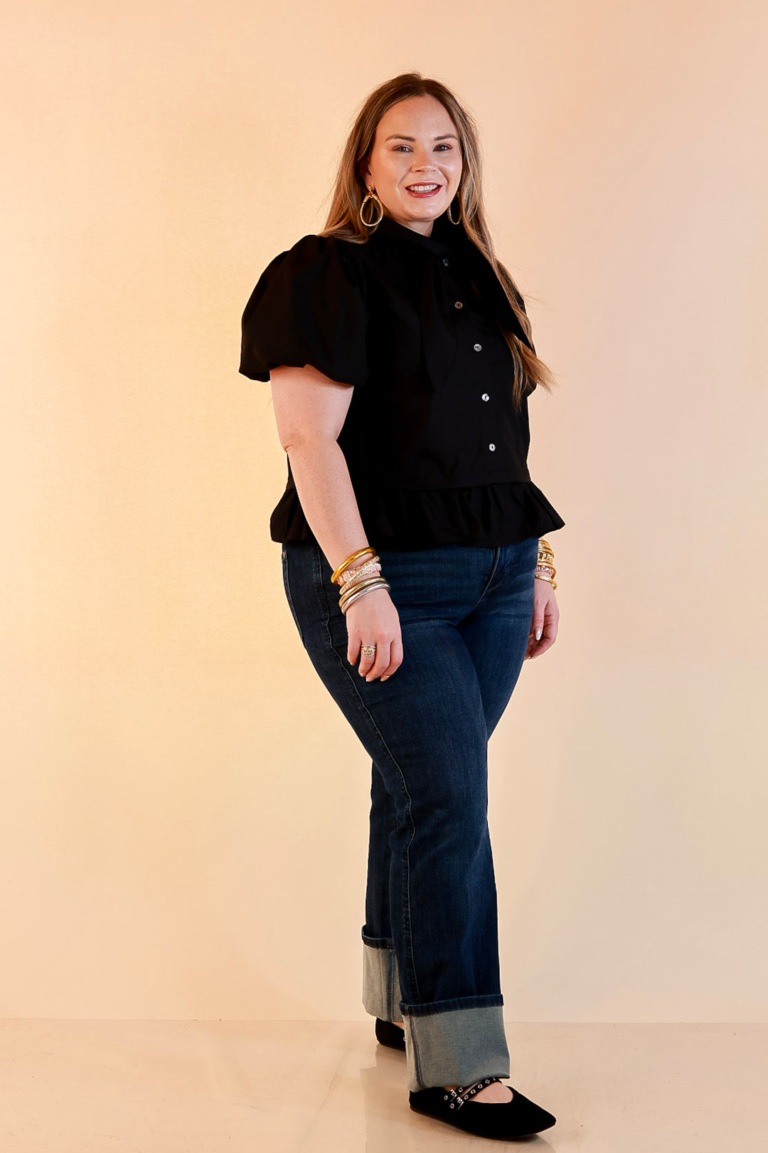 Present Company Solid Button Down Peplum Bubble Sleeve Tie Collar Top in Black