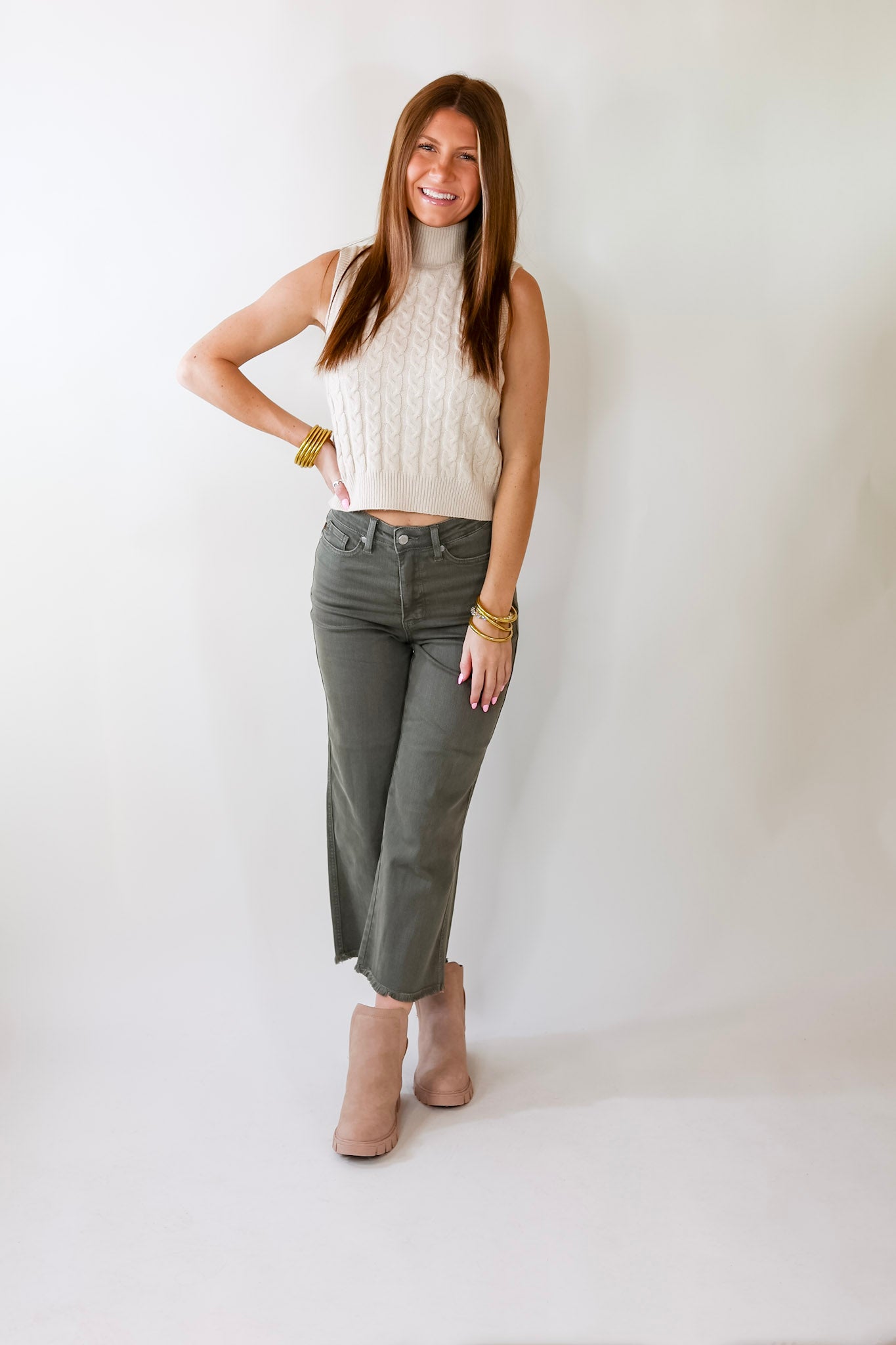 Cider Sips Cropped Sweater Tank Top with High Neck in Ivory - Giddy Up Glamour Boutique