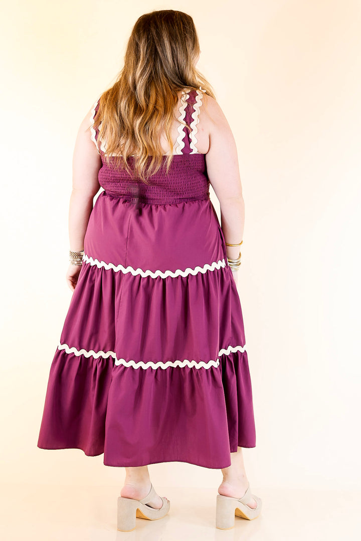 Timeless Twirl Midi Dress with Rickrack Detailing in Plum Maroon