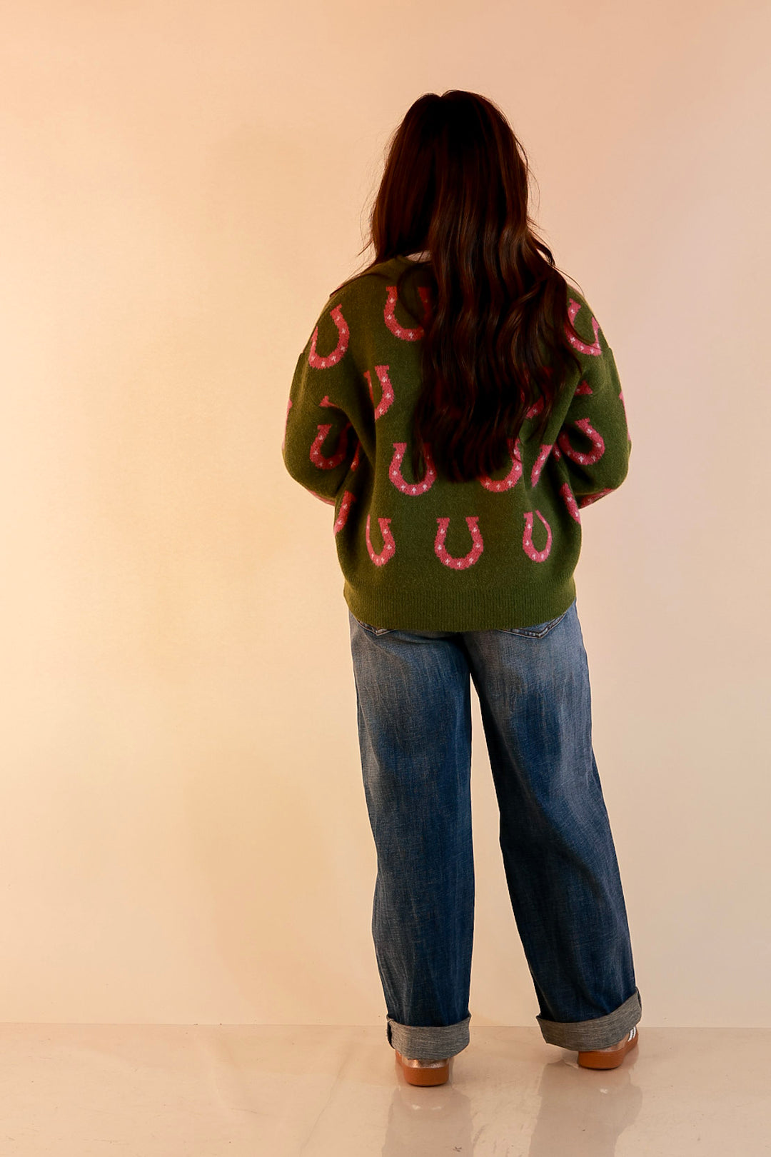 Lucky in Love Horseshoe Print Button Front Cardigan Sweater in Olive Green and Pink