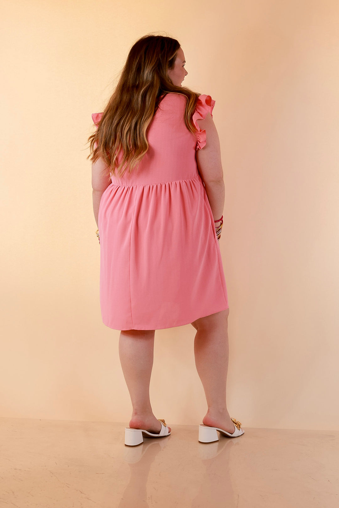 Capture Your Attention V Neck Dress with Ruffle Cap Sleeves in Bubblegum Pink