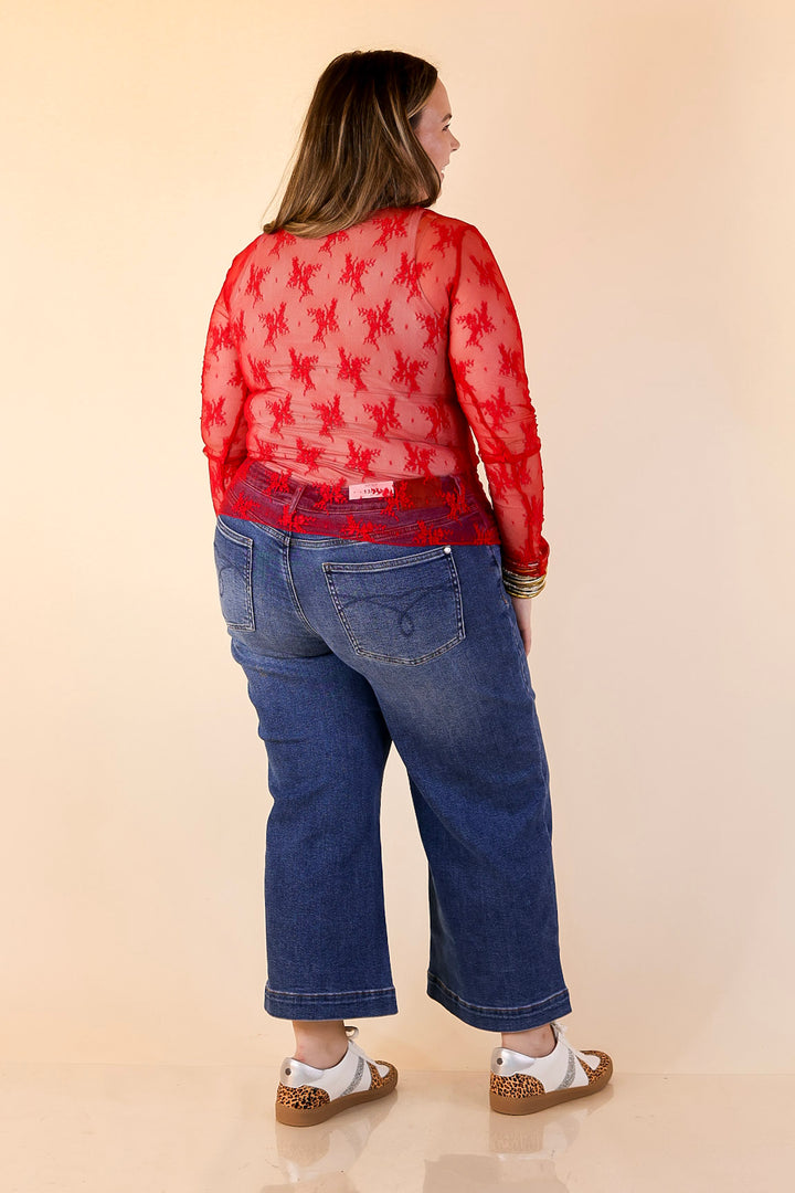 Daringly Delicate Sheer Mock Neck Long Sleeve Lace Top in Red