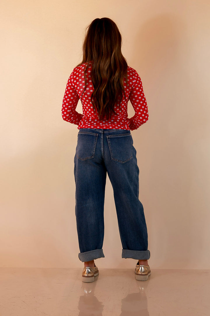 The Essential Layer White Polka Dot Print Sheer Mesh Long Sleeve Top in Hot Pink