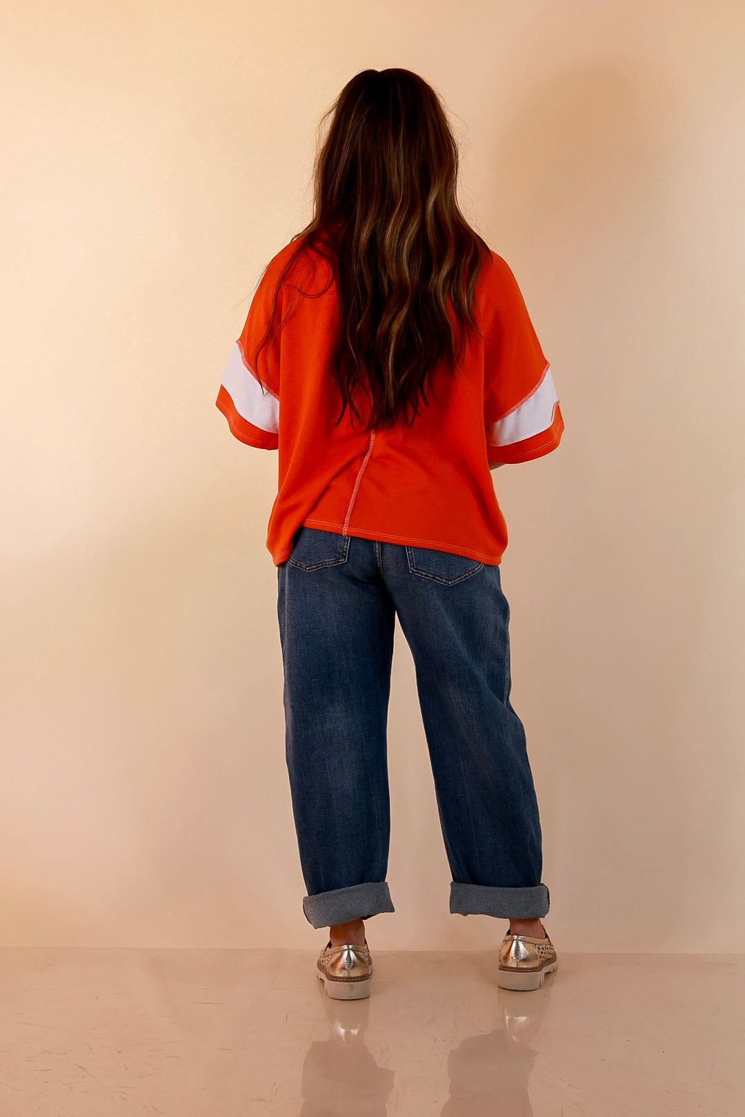 Simply Styled Color Block Rugby Style Relaxed Short Sleeve Top in Orange